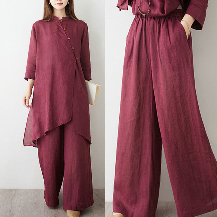 Ensemble décontracté 2 pièces Buddha Stones pour femme : chemise unie à manches trois-quarts et col en biais, pantalon large avec poches, idéal pour la méditation, le zen et le tai-chi. - image 17