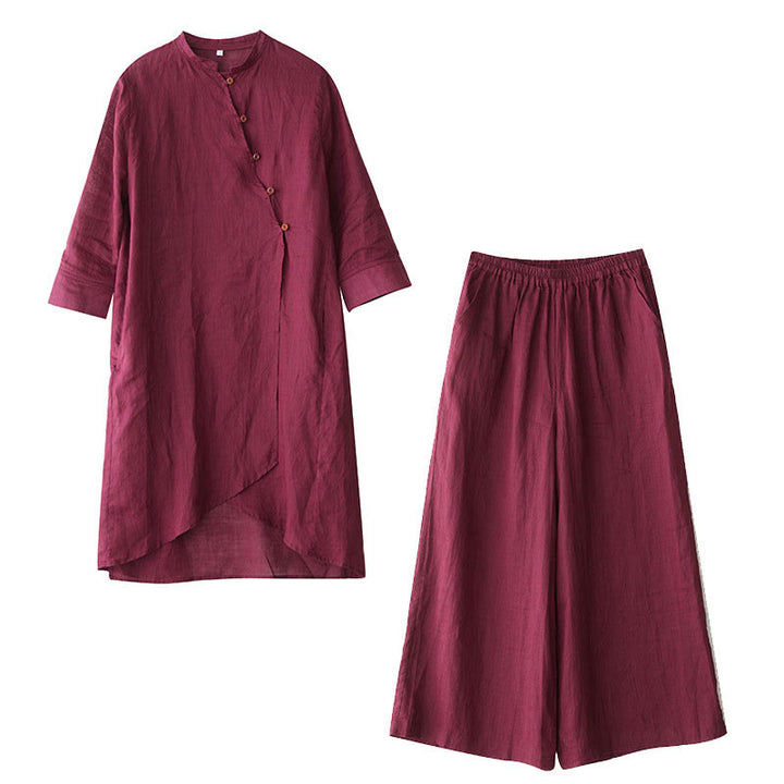 Ensemble décontracté 2 pièces Buddha Stones pour femme : chemise unie à manches trois-quarts et col en biais, pantalon large avec poches, idéal pour la méditation, le zen et le tai-chi. - image 18