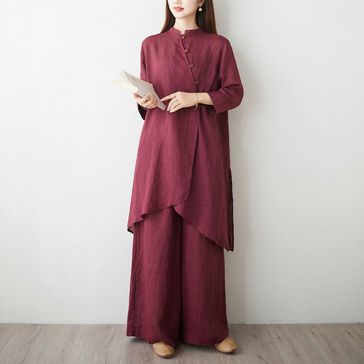 Ensemble décontracté 2 pièces Buddha Stones pour femme : chemise unie à manches trois-quarts et col en biais, pantalon large avec poches, idéal pour la méditation, le zen et le tai-chi. - image 2