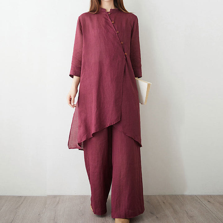 Ensemble décontracté 2 pièces Buddha Stones pour femme : chemise unie à manches trois-quarts et col en biais, pantalon large avec poches, idéal pour la méditation, le zen et le tai-chi. - image 5