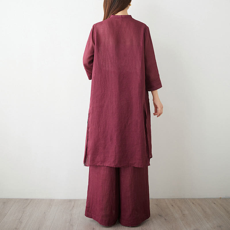 Ensemble décontracté 2 pièces Buddha Stones pour femme : chemise unie à manches trois-quarts et col en biais, pantalon large avec poches, idéal pour la méditation, le zen et le tai-chi. - image 4