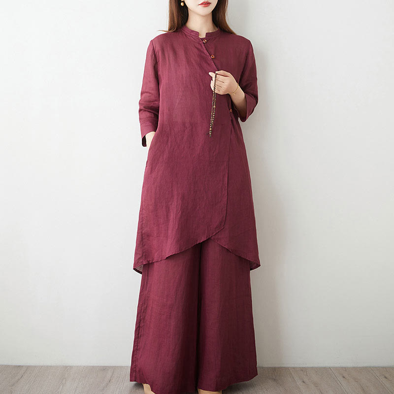 Ensemble décontracté 2 pièces Buddha Stones pour femme : chemise unie à manches trois-quarts et col en biais, pantalon large avec poches, idéal pour la méditation, le zen et le tai-chi. - image 3