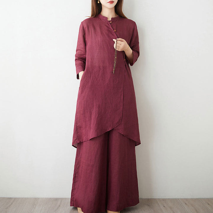 Ensemble décontracté 2 pièces Buddha Stones pour femme : chemise unie à manches trois-quarts et col en biais, pantalon large avec poches, idéal pour la méditation, le zen et le tai-chi. - image 3