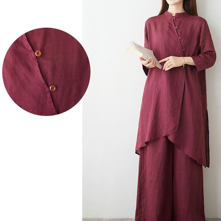 Ensemble décontracté 2 pièces Buddha Stones pour femme : chemise unie à manches trois-quarts et col en biais, pantalon large avec poches, idéal pour la méditation, le zen et le tai-chi. - image 8