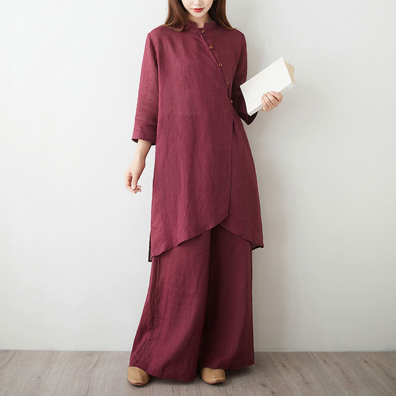 Ensemble décontracté 2 pièces Buddha Stones pour femme : chemise unie à manches trois-quarts et col en biais, pantalon large avec poches, idéal pour la méditation, le zen et le tai-chi. - image 1
