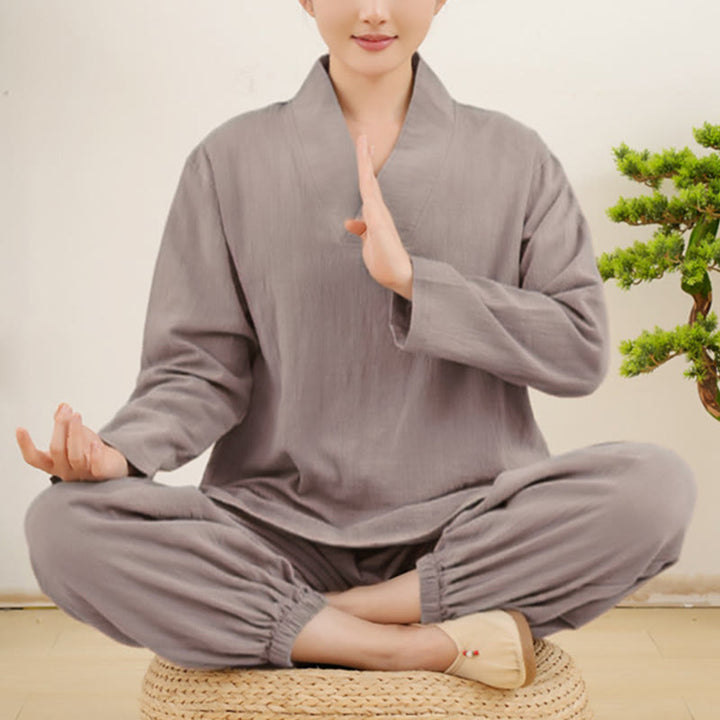 Ensemble 2 pièces décontracté à manches longues et jupe froissée avec poches, motif Buddha Stones, vêtements de méditation zen et tai-chi pour femmes