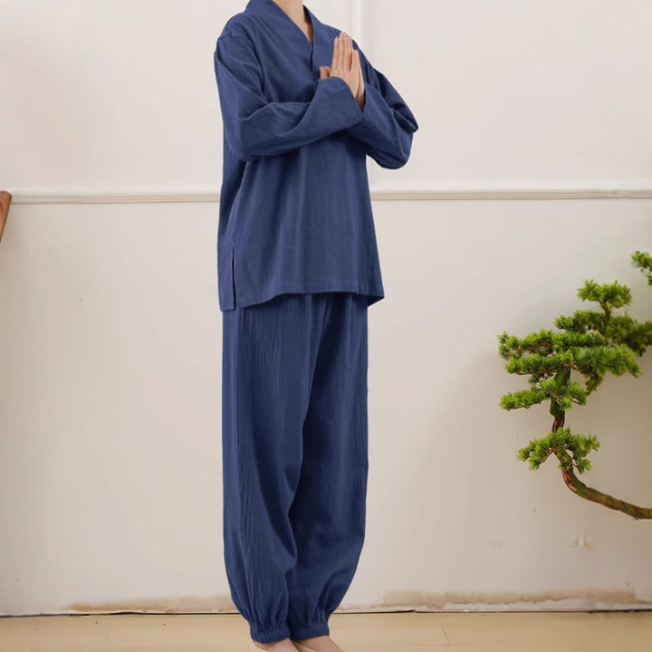 Ensemble 2 pièces décontracté à manches longues et jupe froissée avec poches, motif Buddha Stones, vêtements de méditation zen et tai-chi pour femmes - image 1