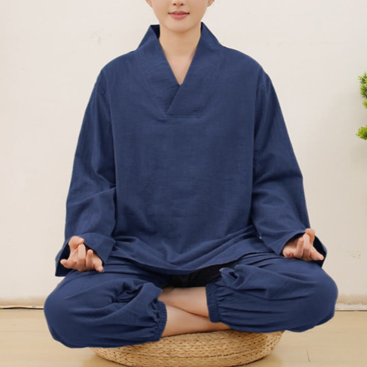 Ensemble 2 pièces décontracté à manches longues et jupe froissée avec poches, motif Buddha Stones, vêtements de méditation zen et tai-chi pour femmes
