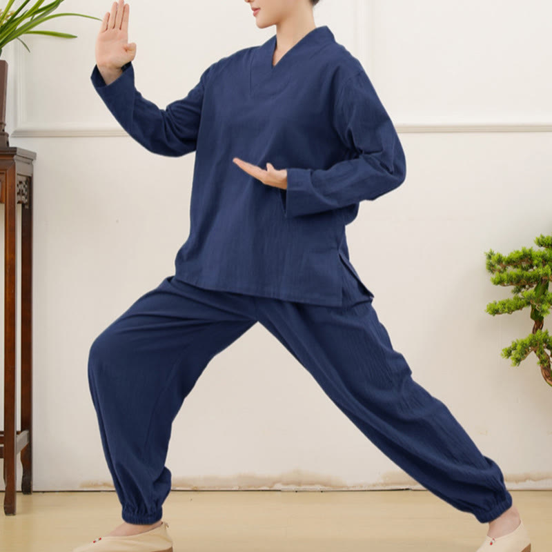 Ensemble 2 pièces décontracté à manches longues et jupe froissée avec poches, motif Buddha Stones, vêtements de méditation zen et tai-chi pour femmes - image 2