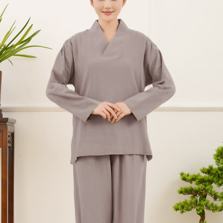 Ensemble 2 pièces décontracté à manches longues et jupe froissée avec poches, motif Buddha Stones, vêtements de méditation zen et tai-chi pour femmes - image 4
