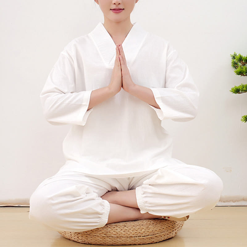 Ensemble 2 pièces décontracté à manches longues et jupe froissée avec poches, motif Buddha Stones, vêtements de méditation zen et tai-chi pour femmes - Blanc - US14，UK/AU18，EU46 (2XL) - image 6