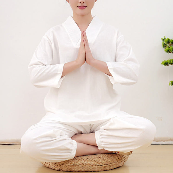 Ensemble 2 pièces décontracté à manches longues et jupe froissée avec poches, motif Buddha Stones, vêtements de méditation zen et tai-chi pour femmes - Blanc - US14，UK/AU18，EU46 (2XL) - image 6