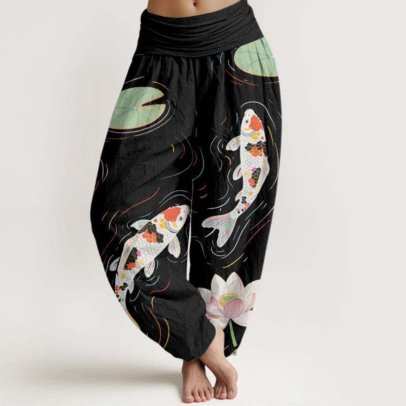 Pantalon harem à taille élastique pour femme, motif Buddha Stones, coton, fleur de lotus, feuilles de lotus, carpe koï et ondulations de l'eau - Noir - US22，UK/AU26，EU54 (6XL) - image 0