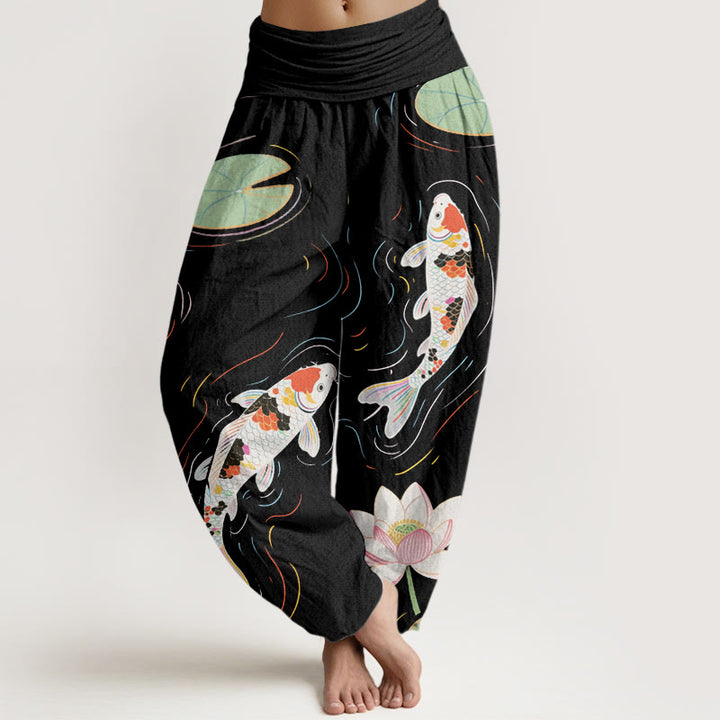 Pantalon harem à taille élastique pour femme, motif Buddha Stones, coton, fleur de lotus, feuilles de lotus, carpe koï et ondulations de l'eau - Noir - US22，UK/AU26，EU54 (6XL) - image 0