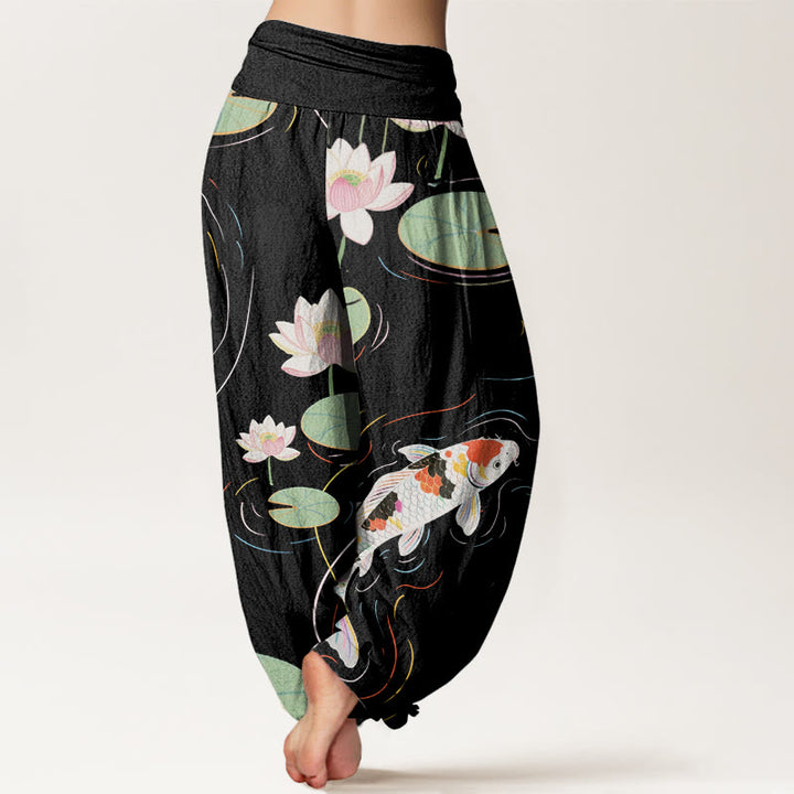 Pantalon harem à taille élastique pour femme, motif Buddha Stones, coton, fleur de lotus, feuilles de lotus, carpe koï et ondulations de l'eau - image 1