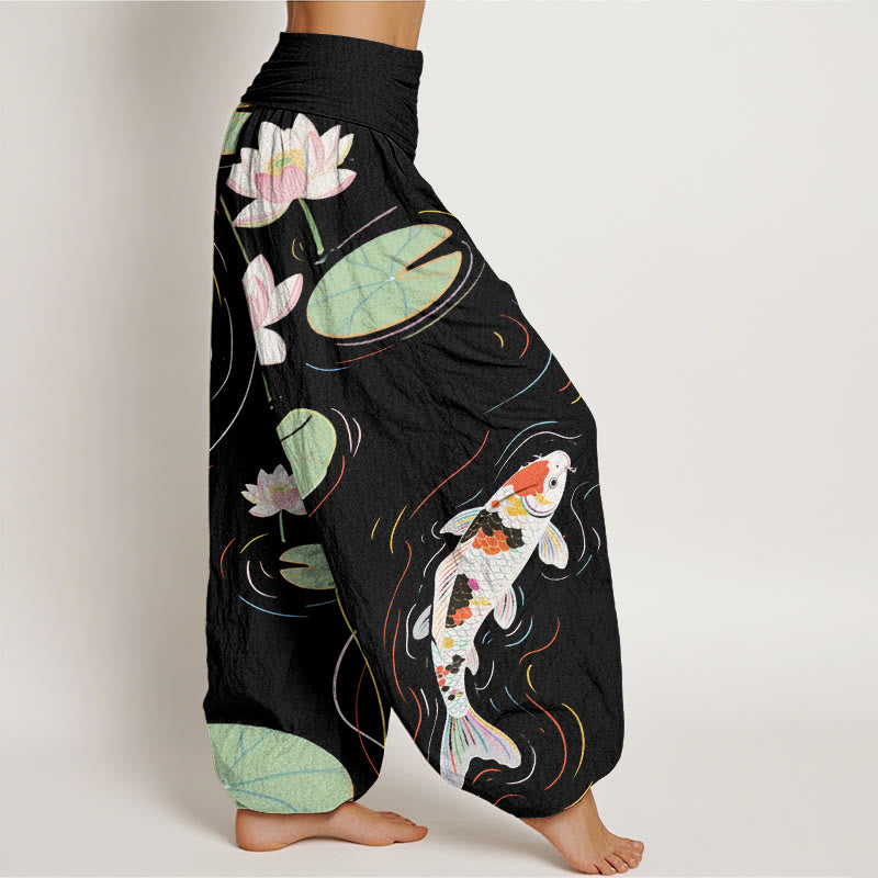 Pantalon harem à taille élastique pour femme, motif Buddha Stones, coton, fleur de lotus, feuilles de lotus, carpe koï et ondulations de l'eau - image 2