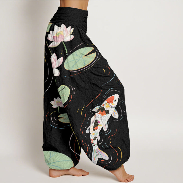 Pantalon harem à taille élastique pour femme, motif Buddha Stones, coton, fleur de lotus, feuilles de lotus, carpe koï et ondulations de l'eau - image 2