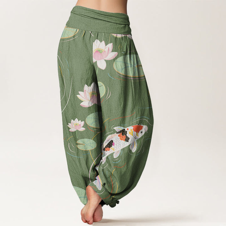 Pantalon sarouel à taille élastique pour femme, motif de Buddha Stones, fleur de lotus, feuilles de lotus, poisson koï, ondulations de l'eau - image 5