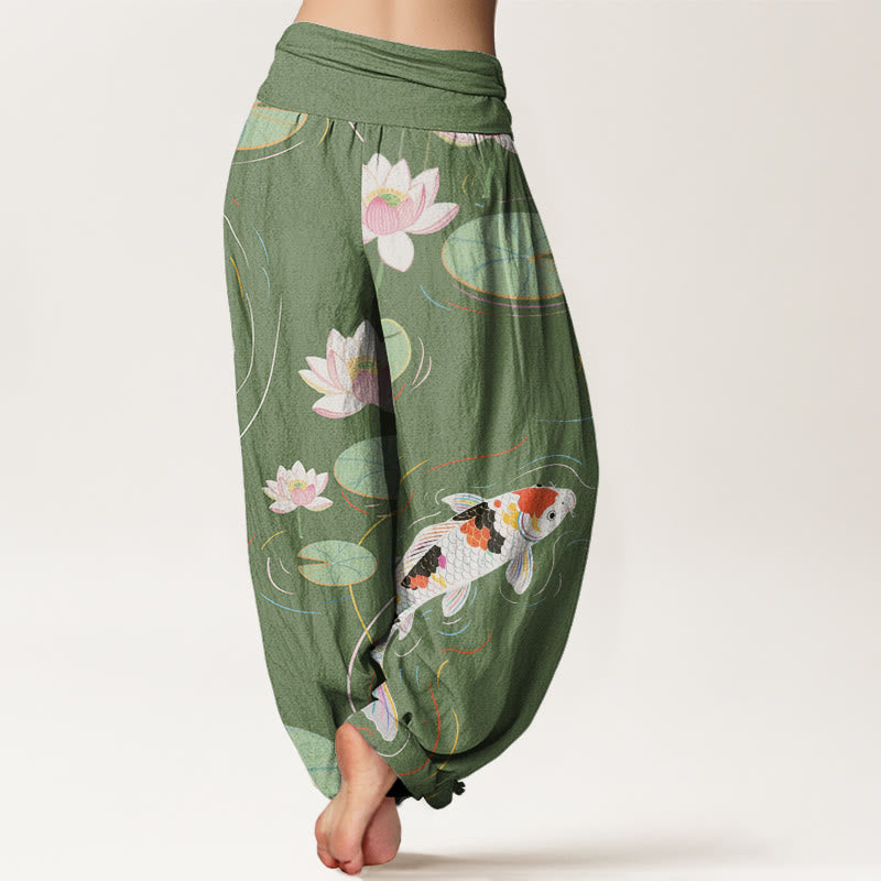 Pantalon harem à taille élastique pour femme, motif Buddha Stones, coton, fleur de lotus, feuilles de lotus, carpe koï et ondulations de l'eau - image 5
