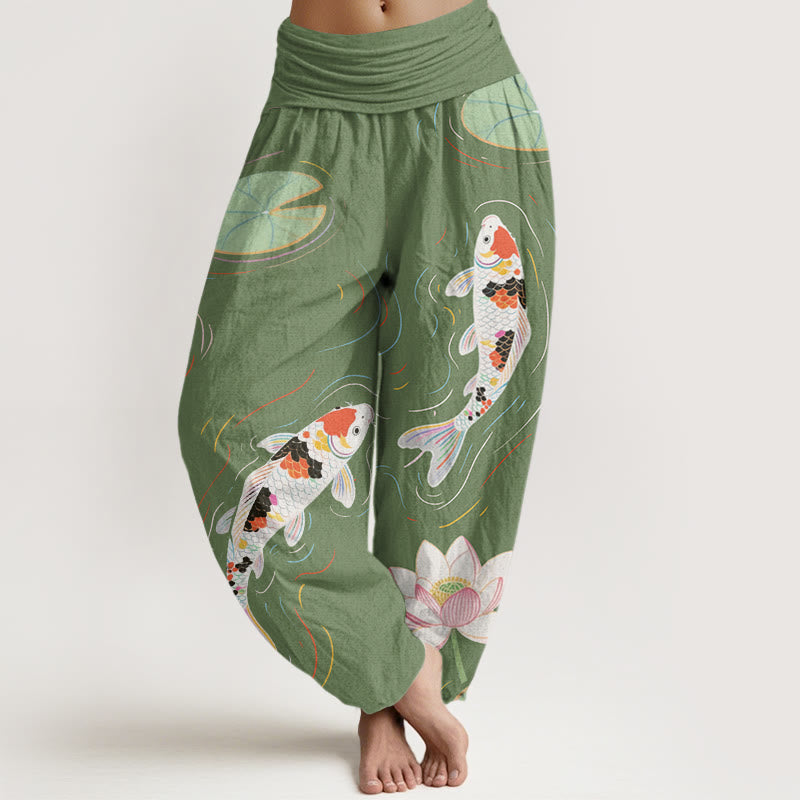 Pantalon harem à taille élastique pour femme, motif Buddha Stones, coton, fleur de lotus, feuilles de lotus, carpe koï et ondulations de l'eau - Vert mer moyen - US22，UK/AU26，EU54 (6XL) - image 4