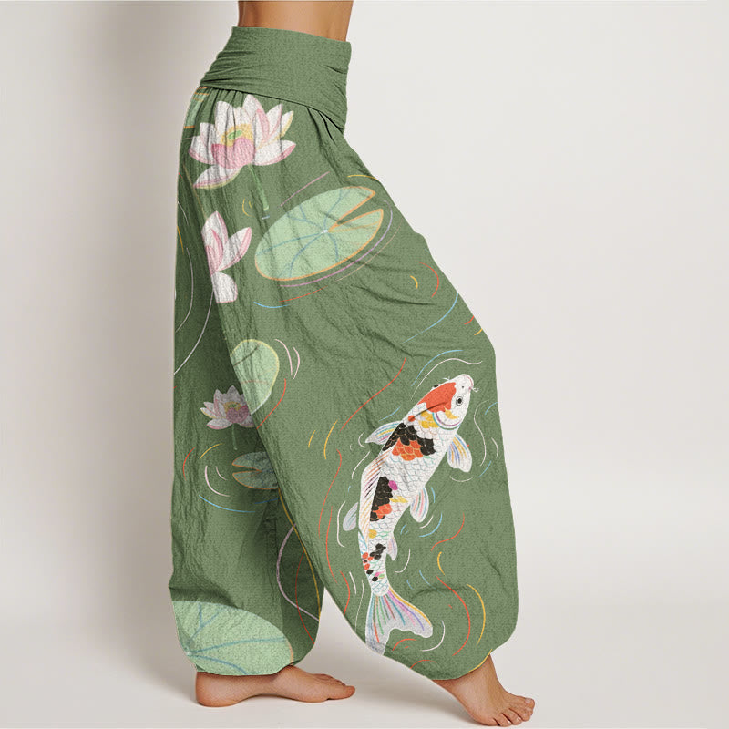 Pantalon harem à taille élastique pour femme, motif Buddha Stones, coton, fleur de lotus, feuilles de lotus, carpe koï et ondulations de l'eau - image 6