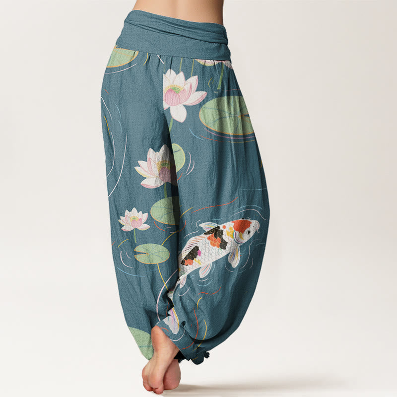 Pantalon harem à taille élastique pour femme, motif Buddha Stones, coton, fleur de lotus, feuilles de lotus, carpe koï et ondulations de l'eau - image 8