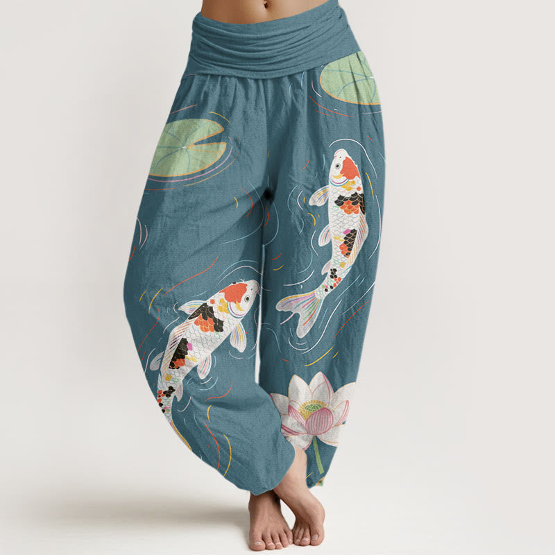 Pantalon sarouel à taille élastique pour femme, motif de Buddha Stones, fleur de lotus, feuilles de lotus, poisson koï, ondulations de l'eau - Vert clair - US22，UK/AU26，EU54 (6XL) - image 7
