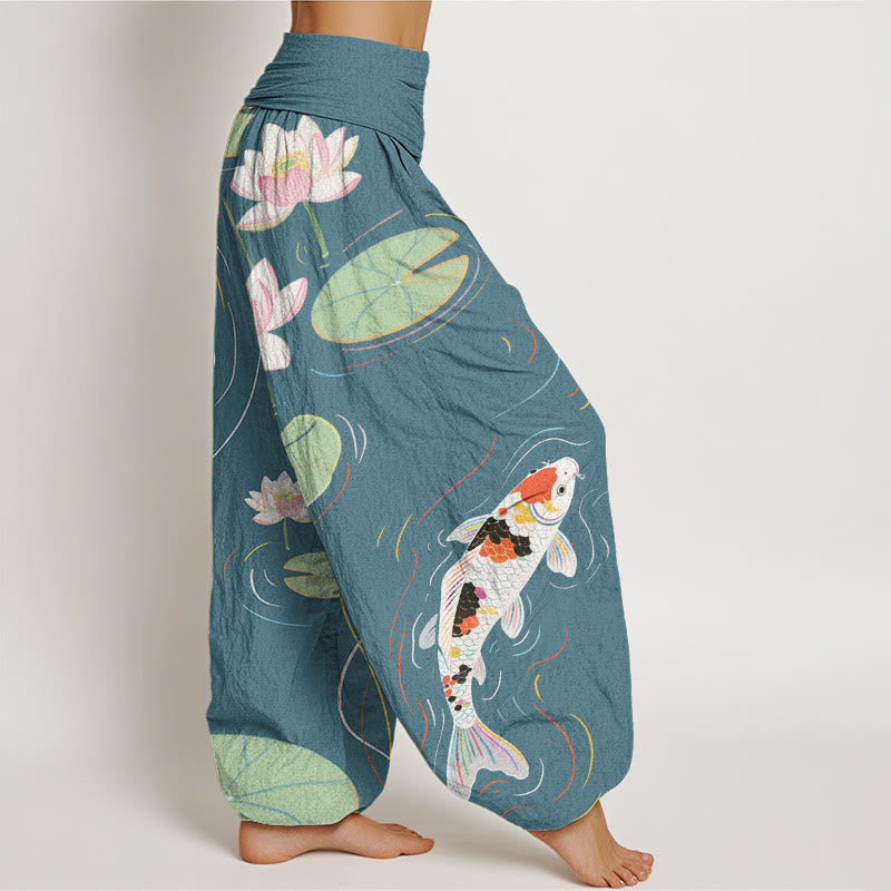 Pantalon harem à taille élastique pour femme, motif Buddha Stones, coton, fleur de lotus, feuilles de lotus, carpe koï et ondulations de l'eau - image 9