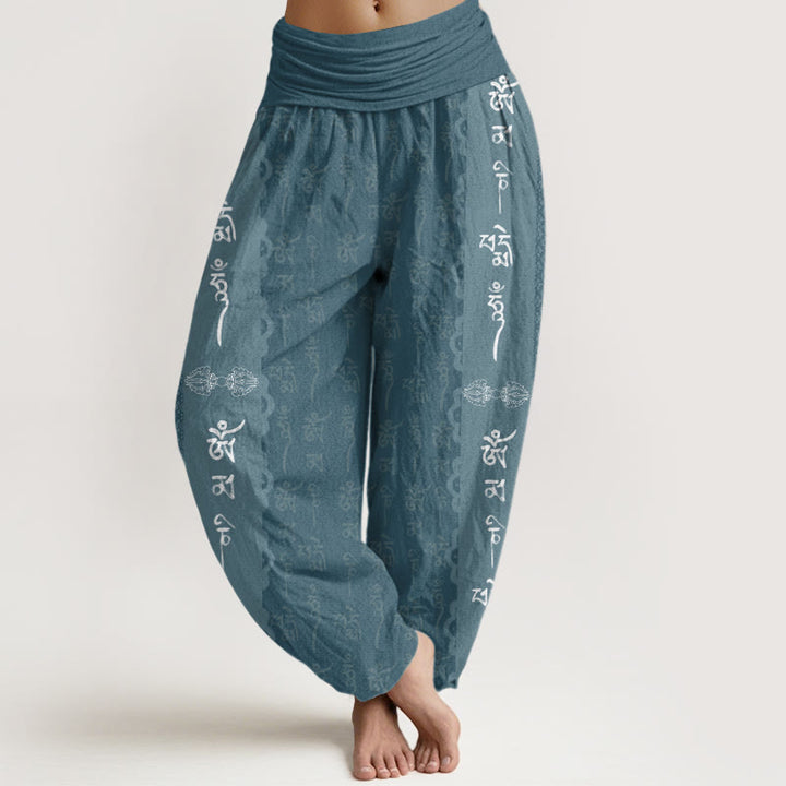 Pantalon harem à taille élastique pour femme, en coton, motif Om Mani Padme Hum et Buddha Stones - DarkCyan - US22，UK/AU26，EU54 (6XL) - image 4