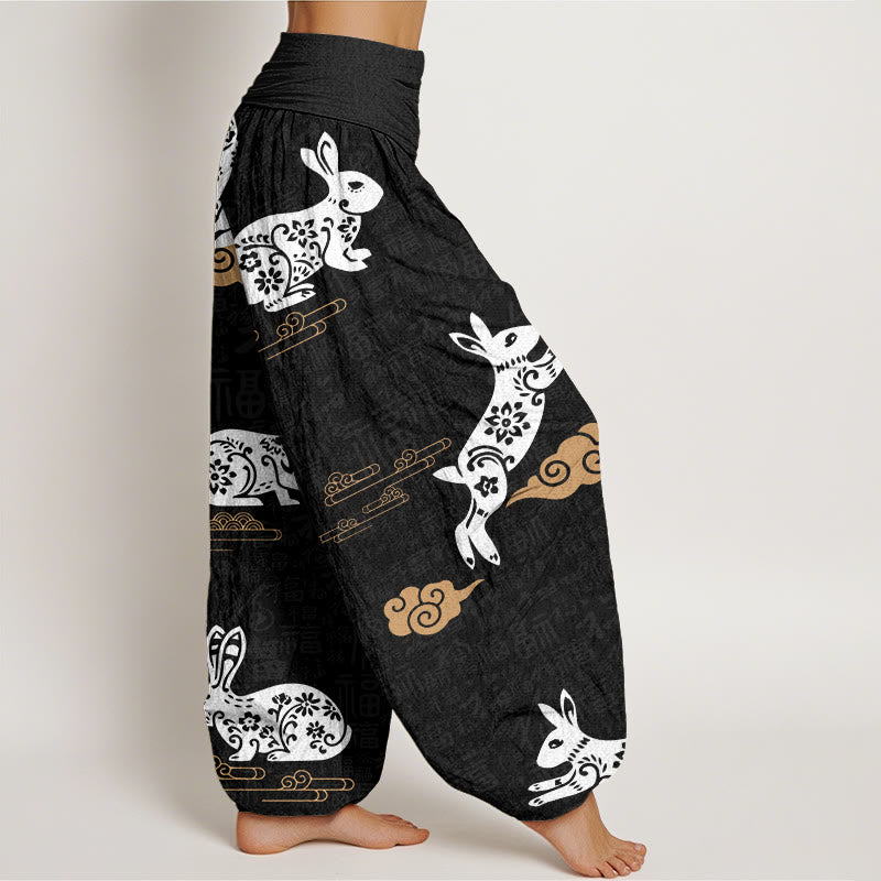 Pantalon sarouel à taille élastique pour femme, motif de lapin blanc et de nuages ​​de bon augure, Buddha Stones - image 3