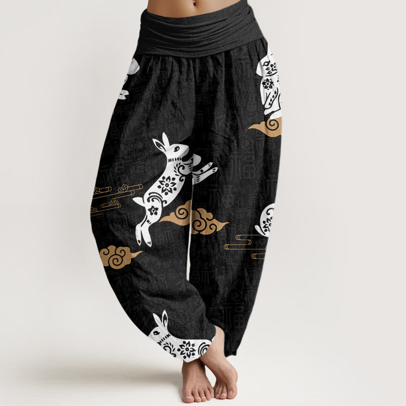 Pantalon sarouel à taille élastique pour femme, motif de lapin blanc et de nuages ​​de bon augure, Buddha Stones - Noir - US22，UK/AU26，EU54 (6XL) - image 1