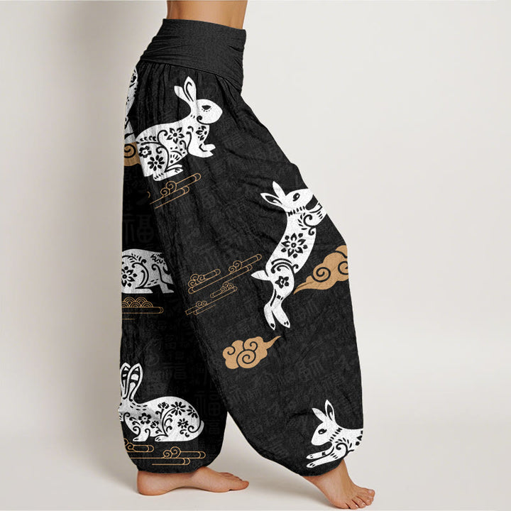 Pantalon sarouel à taille élastique pour femme, motif de lapin blanc et de nuages ​​de bon augure, Buddha Stones - image 2