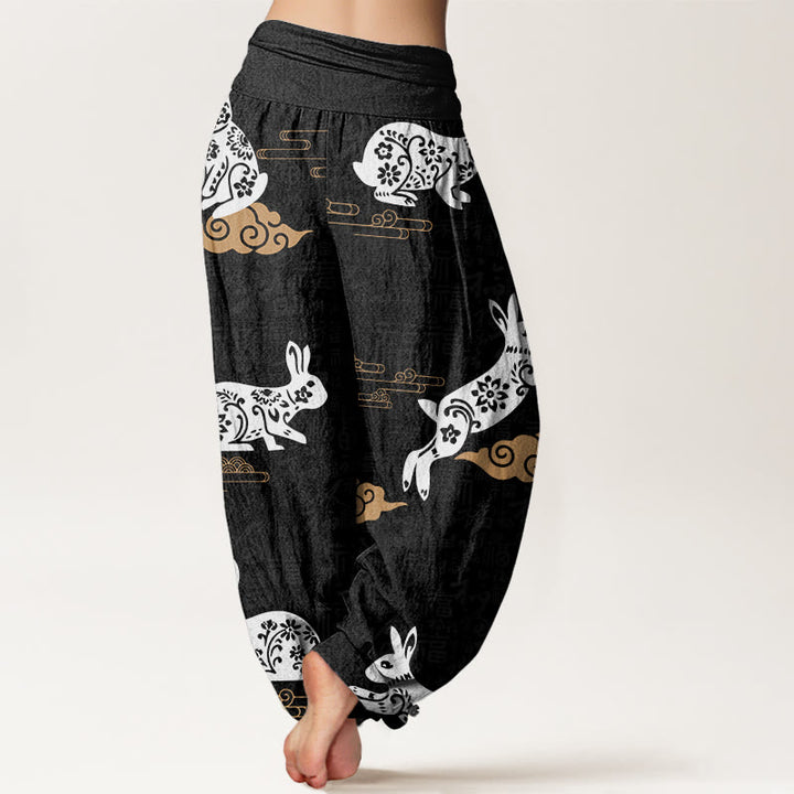 Pantalon sarouel à taille élastique pour femme, motif de lapin blanc et de nuages ​​de bon augure, Buddha Stones - image 1