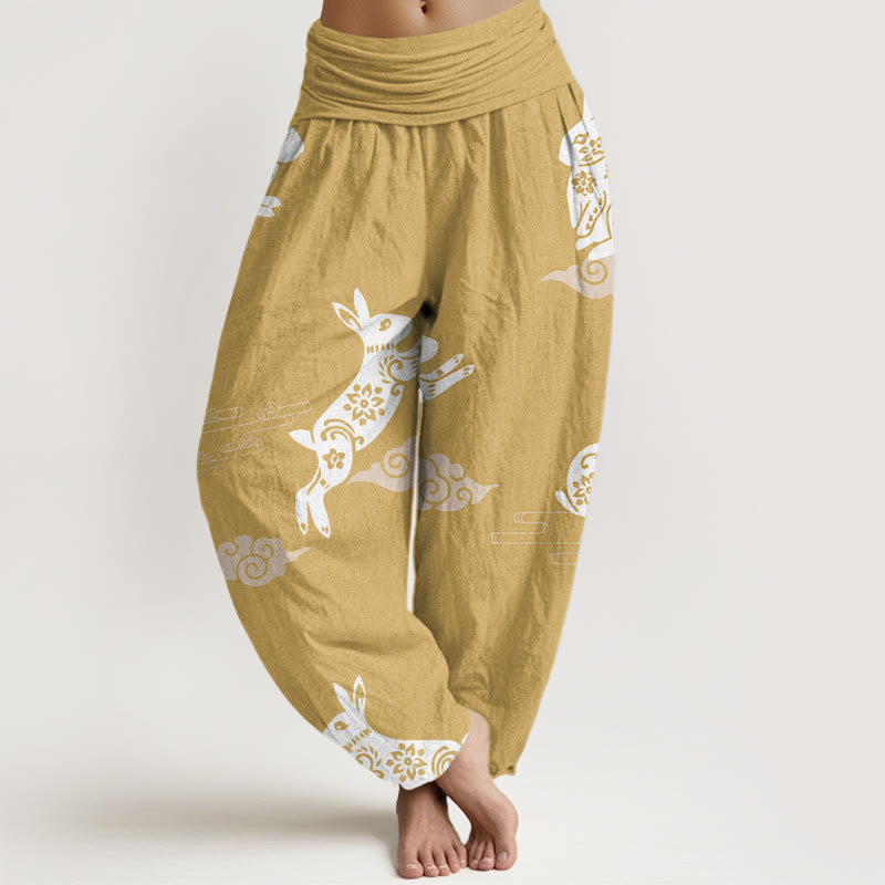 Pantalon sarouel à taille élastique pour femme, motif de lapin blanc et de nuages ​​de bon augure, Buddha Stones - Kaki - US22，UK/AU26，EU54 (6XL) - image 5