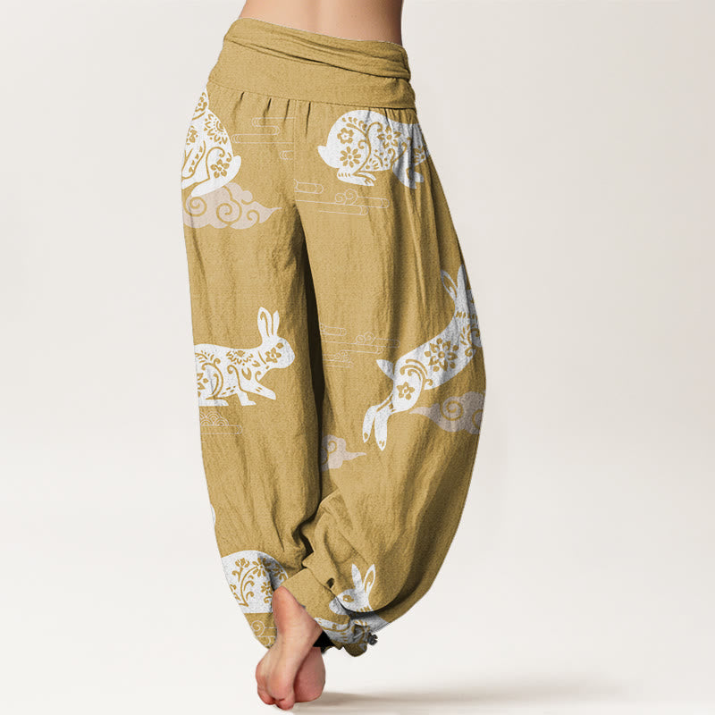 Pantalon harem à taille élastique pour femme, en coton blanc, motif lapin et nuages ​​porte-bonheur, avec Buddha Stones - image 5