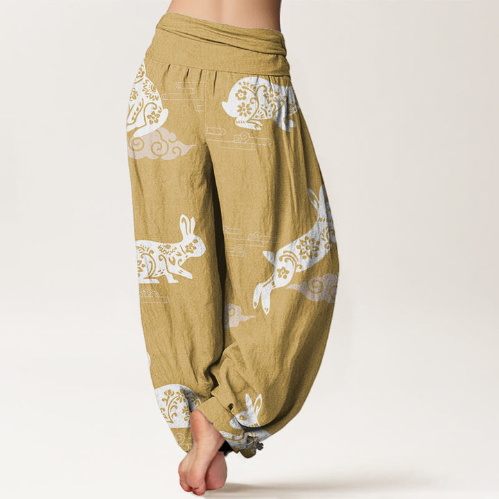 Pantalon harem à taille élastique pour femme, en coton blanc, motif lapin et nuages ​​porte-bonheur, avec Buddha Stones - image 5