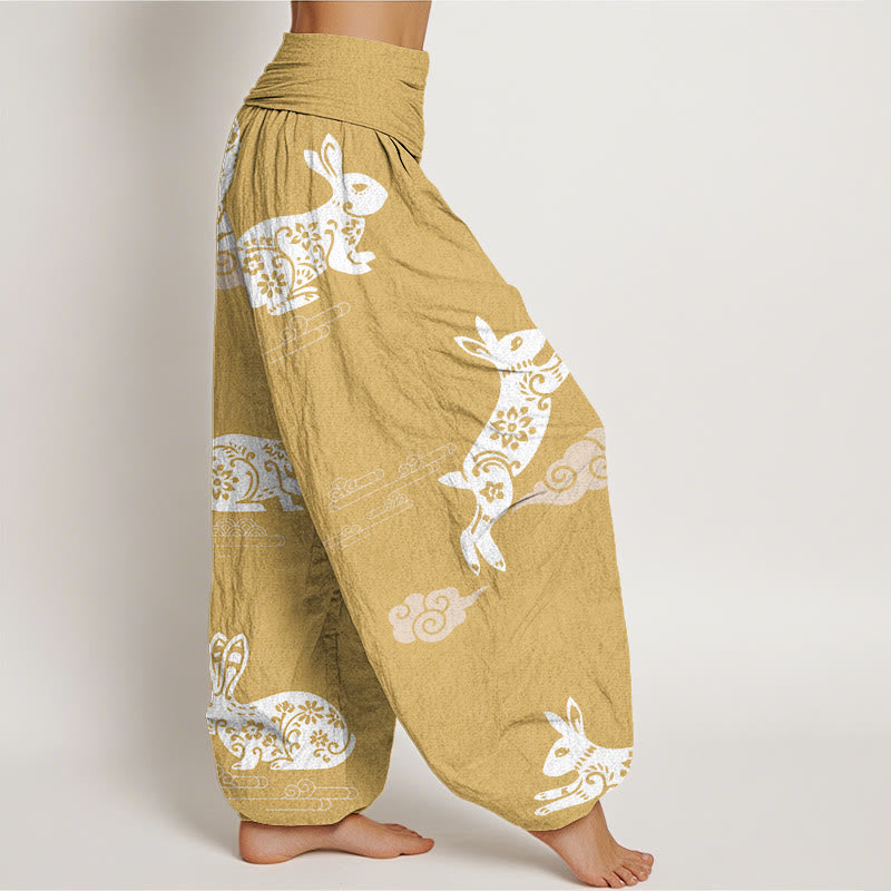 Pantalon sarouel à taille élastique pour femme, motif de lapin blanc et de nuages ​​de bon augure, Buddha Stones - image 6