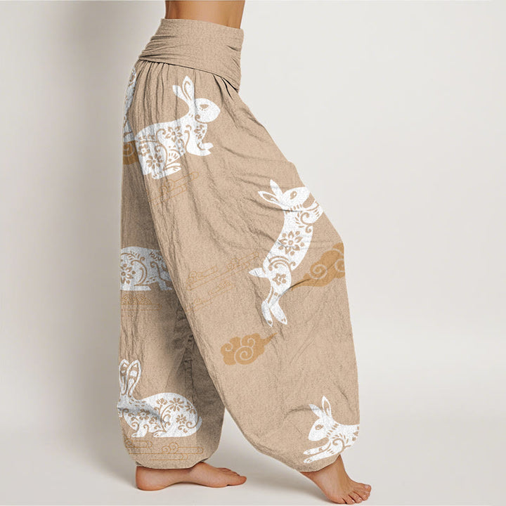 Pantalon sarouel à taille élastique pour femme, motif de lapin blanc et de nuages ​​de bon augure, Buddha Stones - image 10