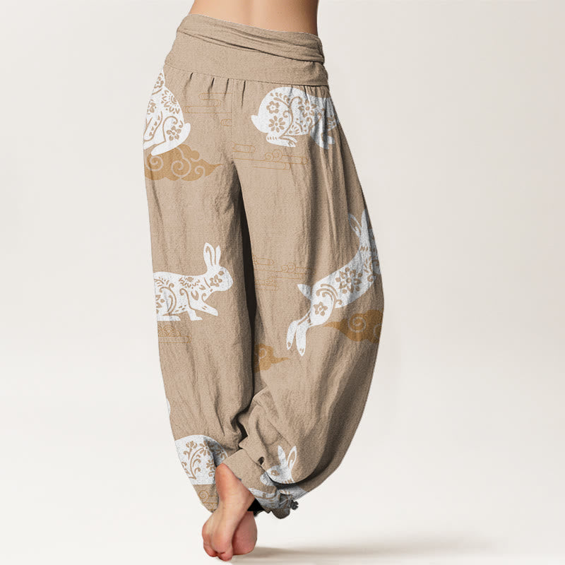 Pantalon harem à taille élastique pour femme, en coton blanc, motif lapin et nuages ​​porte-bonheur, avec Buddha Stones - image 8