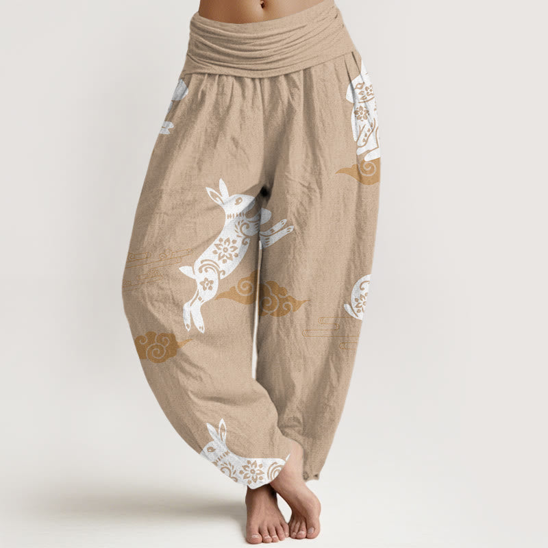 Pantalon sarouel à taille élastique pour femme, motif de lapin blanc et de nuages ​​de bon augure, Buddha Stones - BurlyWood - US22，UK/AU26，EU54 (6XL) - image 8