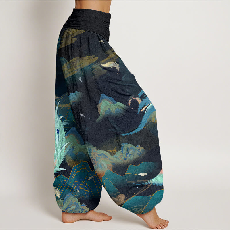 Pantalon harem à taille élastique pour femme, en coton, motif phénix, montagne et nuages, avec Buddha Stones - image 2