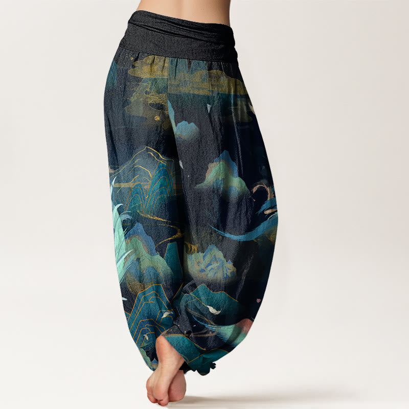 Pantalon harem à taille élastique pour femme, en coton, motif phénix, montagne et nuages, avec Buddha Stones - image 1