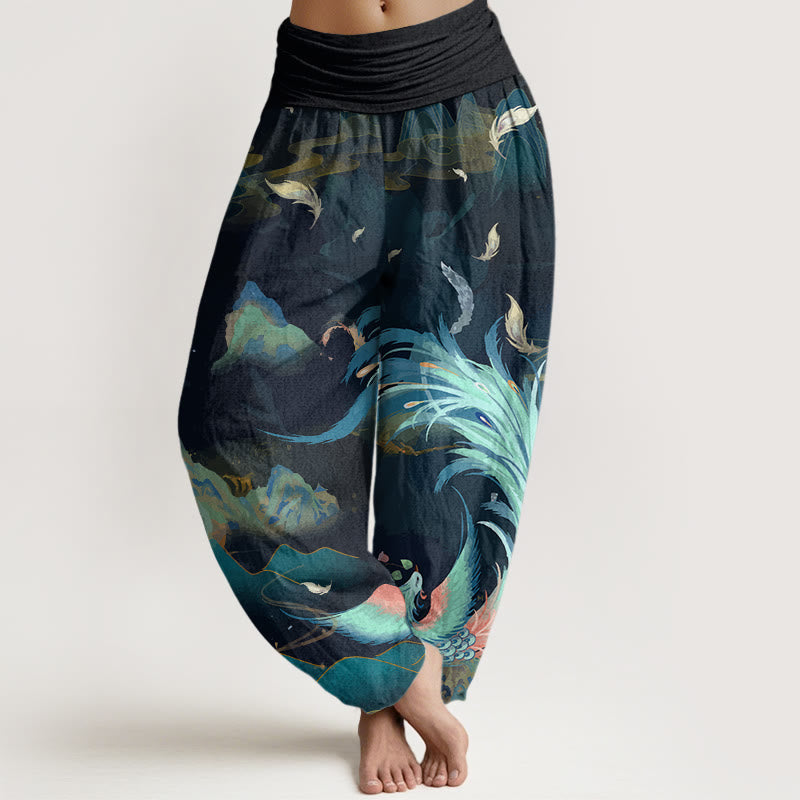 Pantalon harem à taille élastique pour femme, en coton, motif phénix, montagne et nuages, avec Buddha Stones - DarkCyan - US22，UK/AU26，EU54 (6XL) - image 0