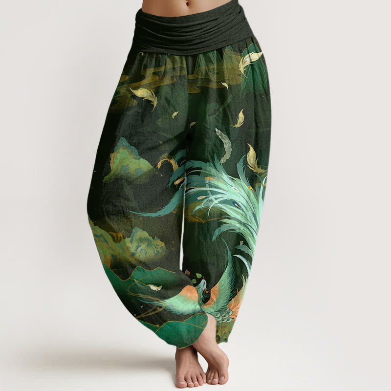 Pantalon harem à taille élastique pour femme, en coton, motif phénix, montagne et nuages, avec Buddha Stones - Vert olive - US22，UK/AU26，EU54 (6XL) - image 4