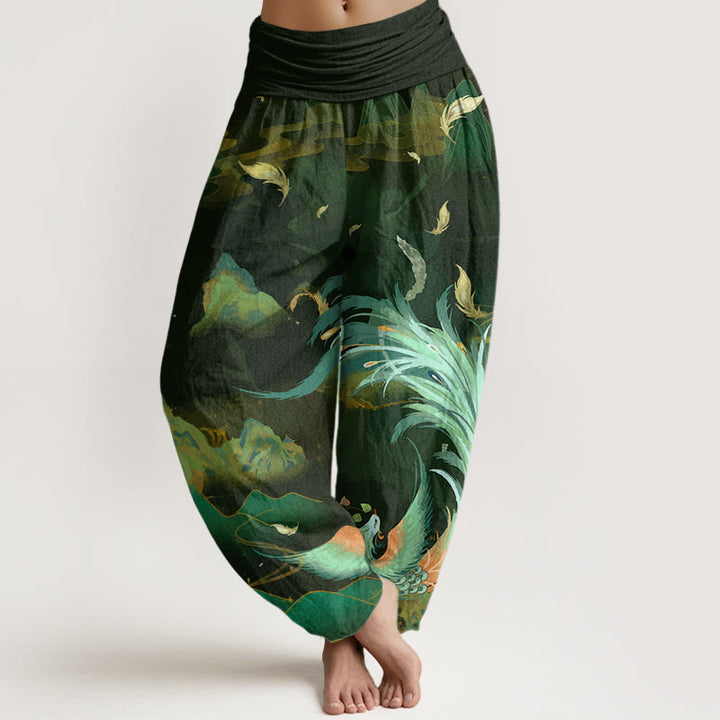 Pantalon harem à taille élastique pour femme, en coton, motif phénix, montagne et nuages, avec Buddha Stones - Vert olive - US22，UK/AU26，EU54 (6XL) - image 4