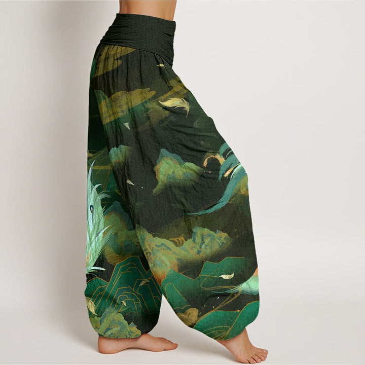 Pantalon harem à taille élastique pour femme, en coton, motif phénix, montagne et nuages, avec Buddha Stones - image 6