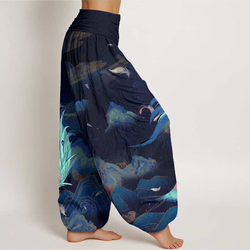 Pantalon harem à taille élastique pour femme, en coton, motif phénix, montagne et nuages, avec Buddha Stones - image 9