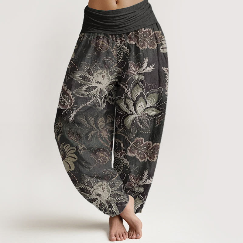 Pantalon sarouel décontracté en pur coton à motif floral et feuilles pour femme, taille élastique, Buddha Stones - Noir - US22，UK/AU26，EU54 (6XL) - image 0