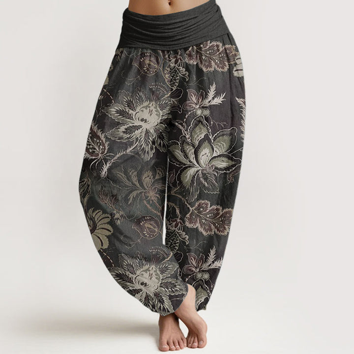 Pantalon sarouel décontracté en pur coton à motif floral et feuilles pour femme, taille élastique, Buddha Stones - Noir - US22，UK/AU26，EU54 (6XL) - image 0