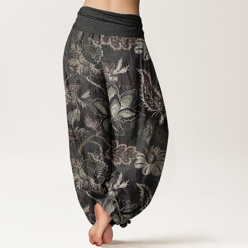 Pantalon sarouel décontracté en pur coton à motif floral et feuilles pour femme, taille élastique, Buddha Stones